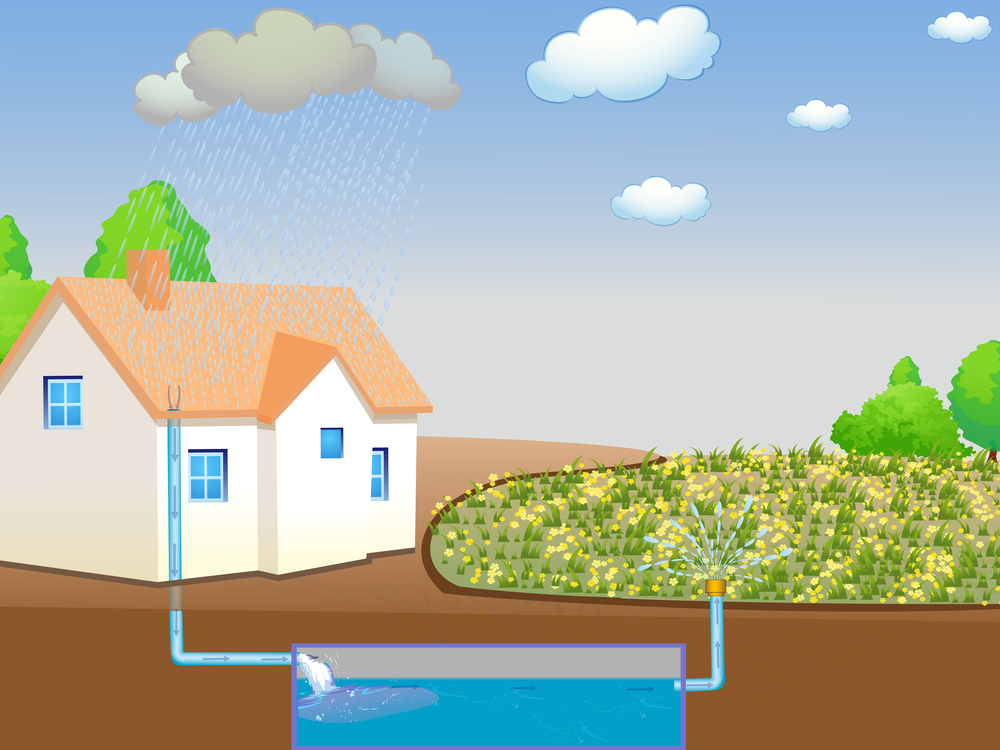prent van huis, lucht, tuin, water